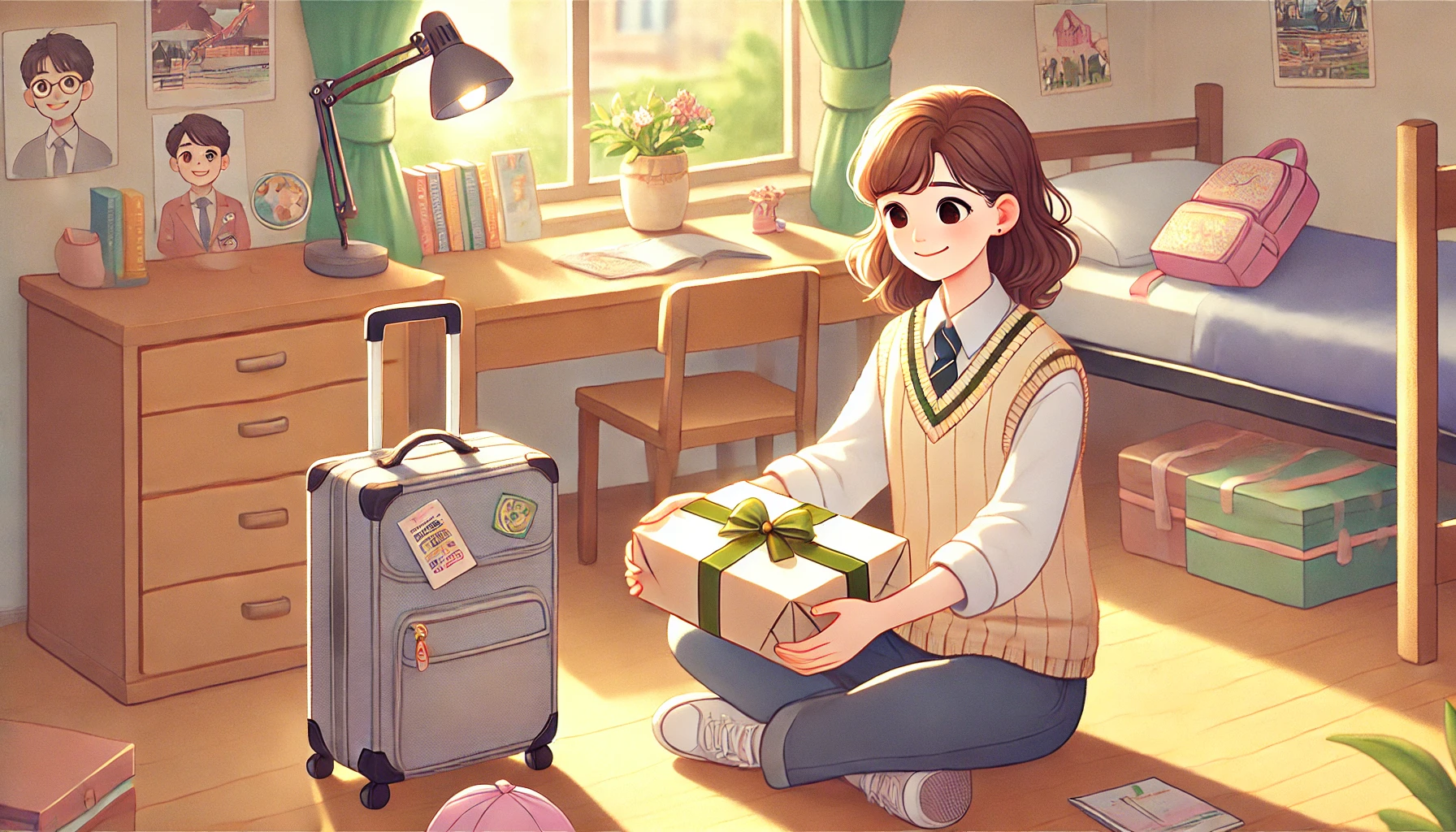 A cheerful scene of a university student preparing a farewell gift for a friend going abroad for study. The setting is a cozy, well-lit dorm room with a suitcase partially packed in the background. The student is wrapping a small present, possibly travel essentials or a thoughtful keepsake. The atmosphere is warm and inviting. The illustration should be in a soft, semi-realistic style with bright, natural lighting. The color palette should be pastel-themed, creating a gentle and friendly feel. The image should not include any text.