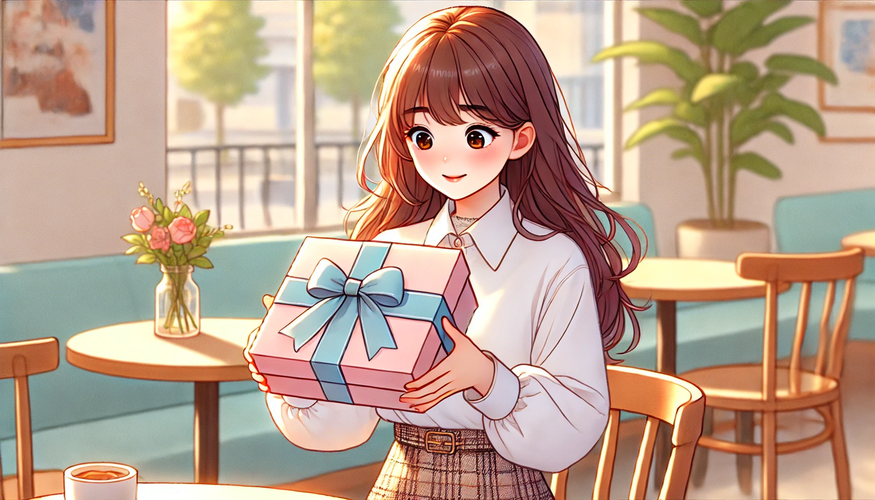 A cute female university student opening a thoughtful farewell gift from a friend before leaving for study abroad. She looks surprised and happy as she holds the beautifully wrapped present in her hands. The setting is a bright café or university common area, with warm sunlight streaming through the window. The color palette should be soft and cheerful, with a pastel-toned, semi-realistic art style. No text should be included.