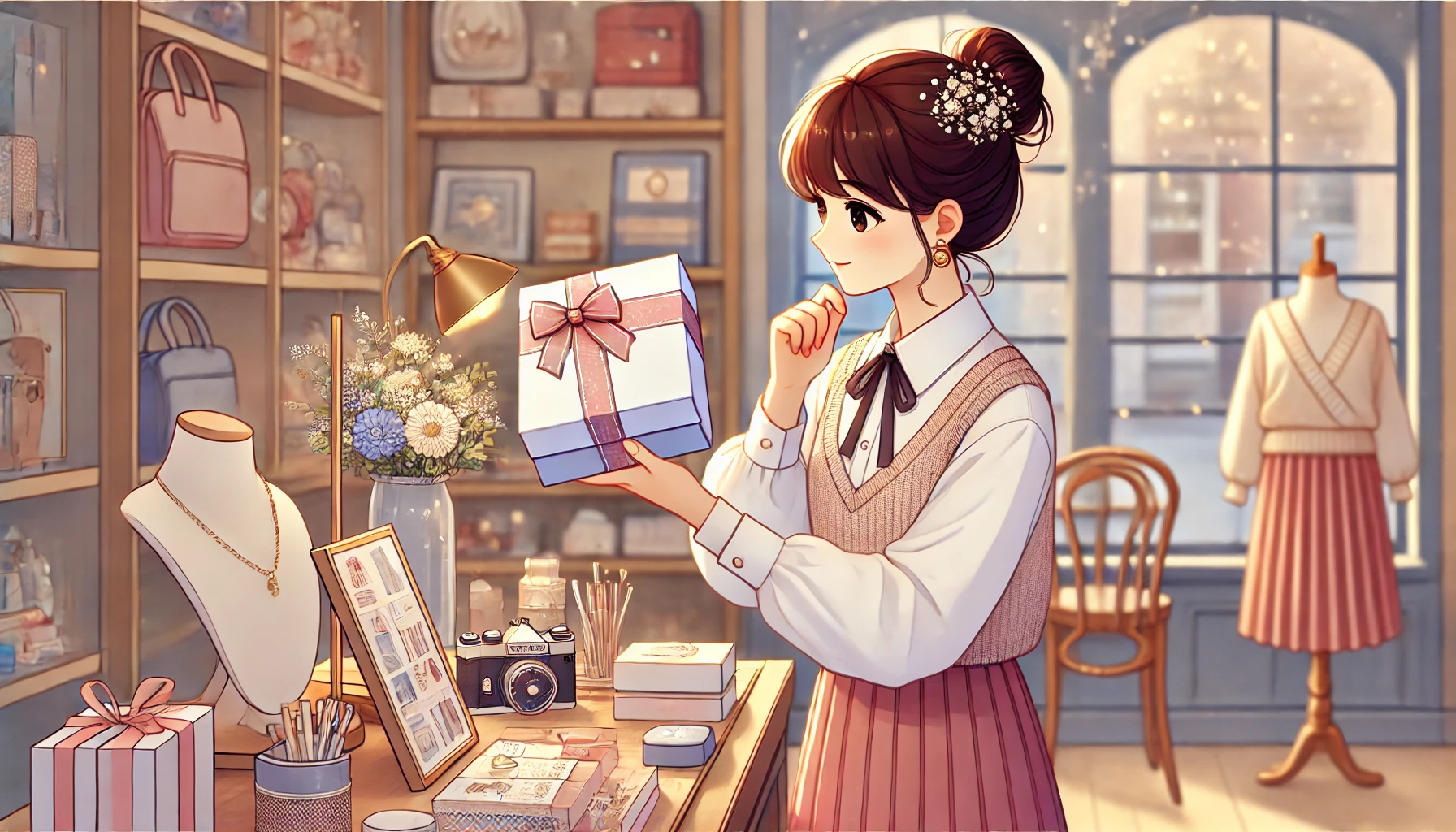 A stylish and cute female university student selecting a thoughtful gift for her friend who is going abroad for study. The scene takes place in a charming boutique with neatly displayed accessories, stationery, and travel essentials. The student holds a beautifully wrapped present, contemplating her choice. The atmosphere is cozy and elegant, with warm lighting and a soft, inviting color palette. The image should have a gentle, semi-realistic art style with a harmonious pastel theme. No text should be included.