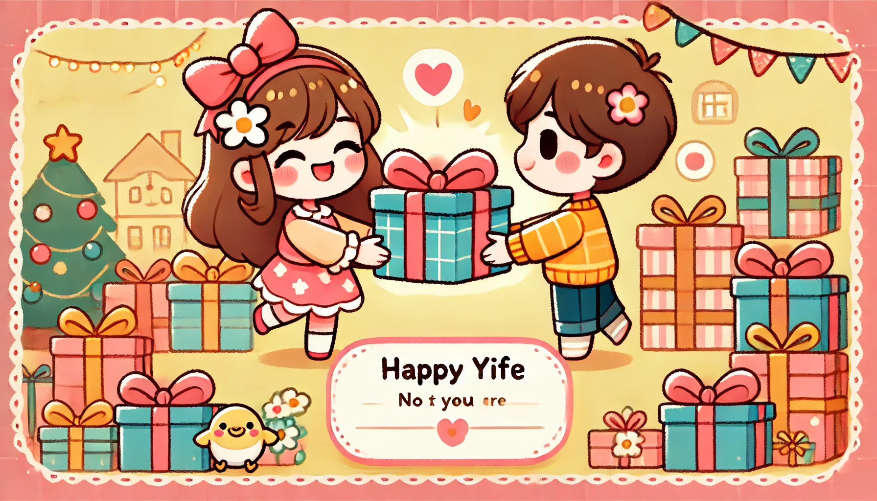 An illustrated image depicting a heartwarming gift-giving moment. A cute female character is happily receiving a present from a loved one. The scene has a bright, cheerful color palette with a warm and inviting atmosphere. No text included. The image is in a horizontal layout.